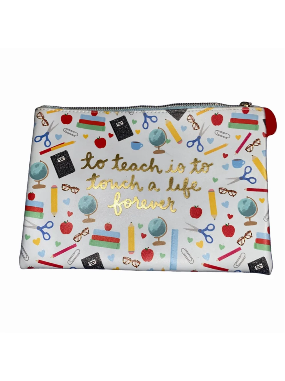 Women's Teacher Themed Stationary or Cosmetic Bag, White and Blue